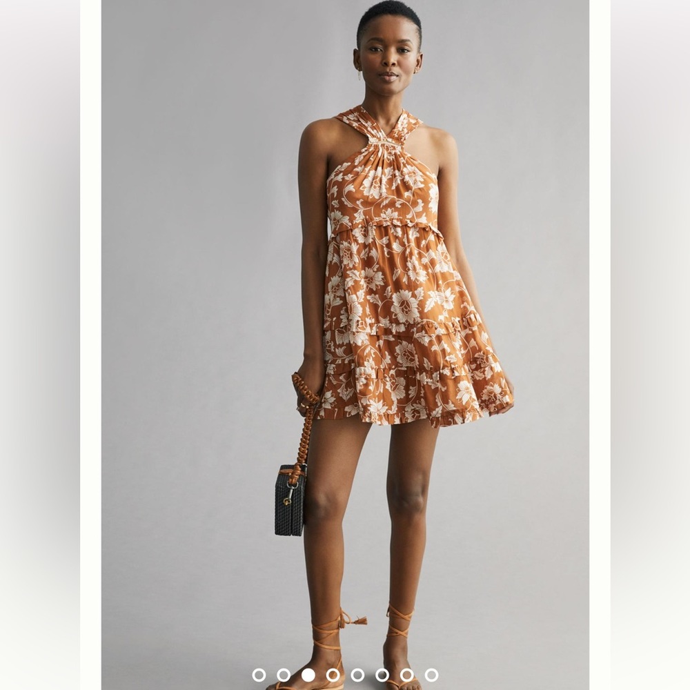 Anthropologie Floral Halter Dress in Rust and White
